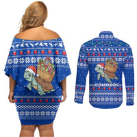Comoros Christmas Couples Matching Off Shoulder Short Dress and Long Sleeve Button Shirt with Santa Turtle Gifts Snowflakes and Ocean Blue Holiday Pattern - Wonder Print Shop