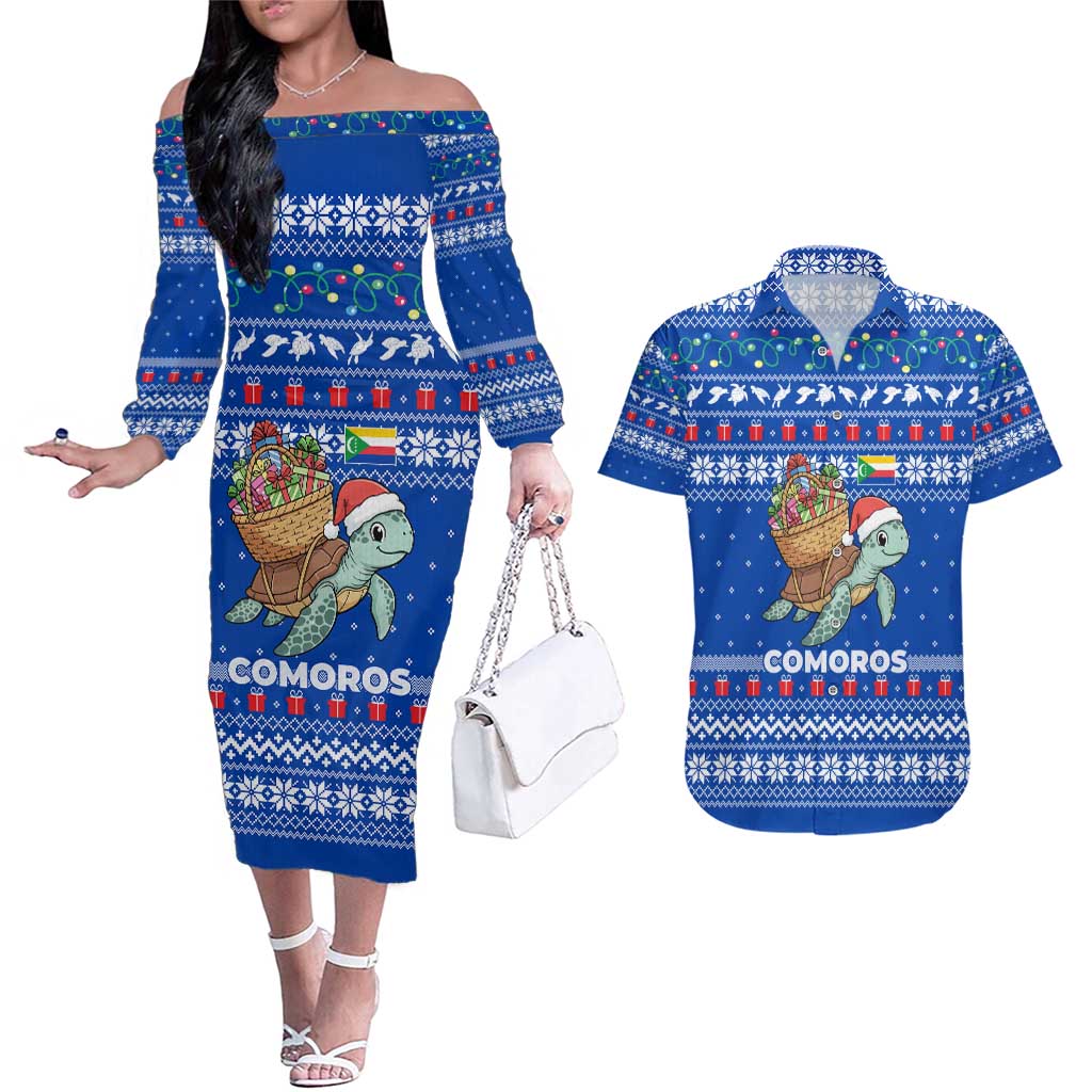Comoros Christmas Couples Matching Off The Shoulder Long Sleeve Dress and Hawaiian Shirt with Santa Turtle Gifts Snowflakes and Ocean Blue Holiday Pattern - Wonder Print Shop