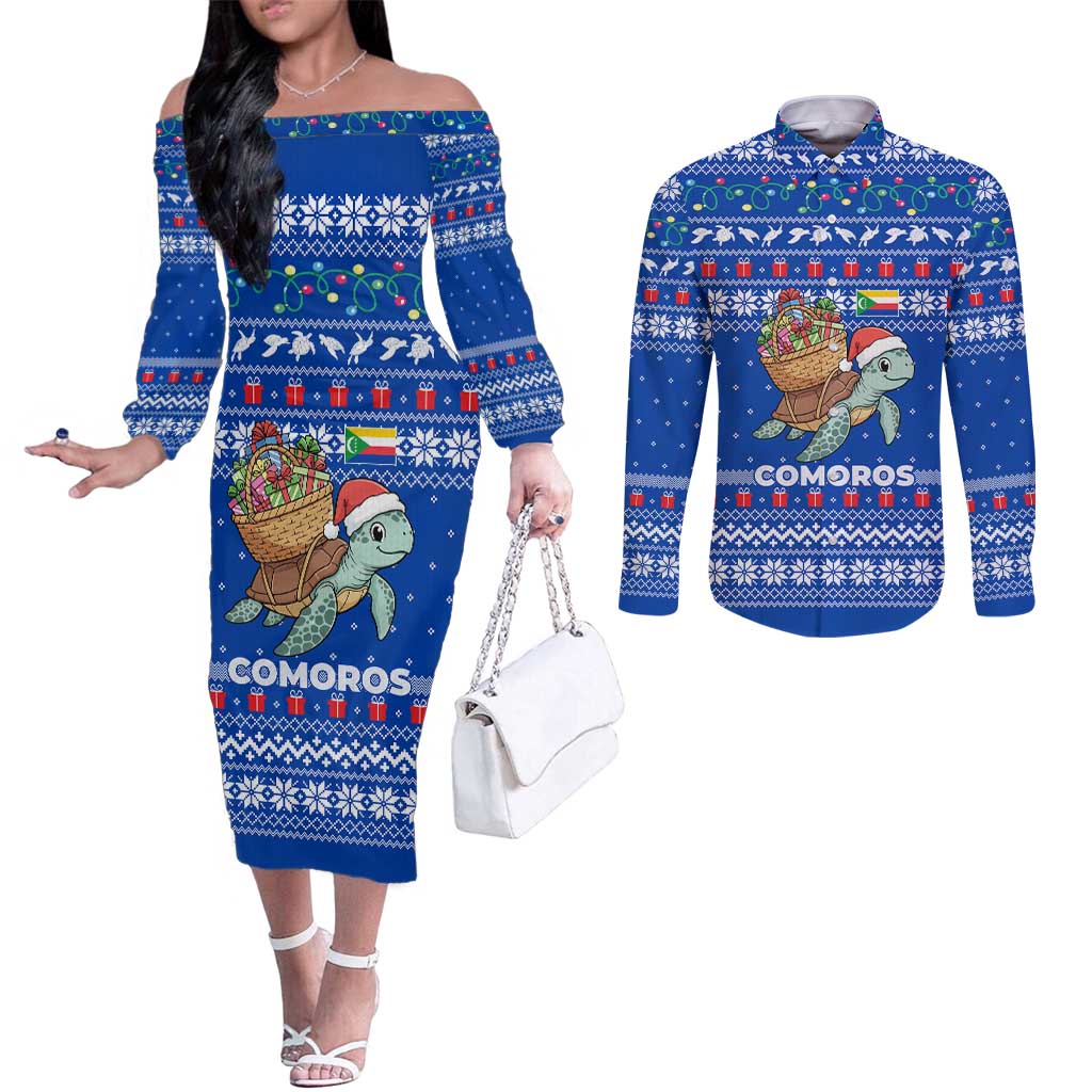 Comoros Christmas Couples Matching Off The Shoulder Long Sleeve Dress and Long Sleeve Button Shirt with Santa Turtle Gifts Snowflakes and Ocean Blue Holiday Pattern - Wonder Print Shop