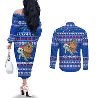 Comoros Christmas Couples Matching Off The Shoulder Long Sleeve Dress and Long Sleeve Button Shirt with Santa Turtle Gifts Snowflakes and Ocean Blue Holiday Pattern - Wonder Print Shop