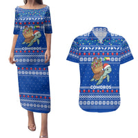 Comoros Christmas Couples Matching Puletasi and Hawaiian Shirt with Santa Turtle Gifts Snowflakes and Ocean Blue Holiday Pattern - Wonder Print Shop