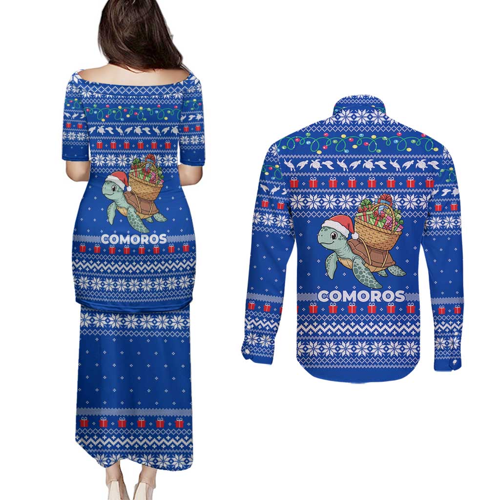 Comoros Christmas Couples Matching Puletasi and Long Sleeve Button Shirt with Santa Turtle Gifts Snowflakes and Ocean Blue Holiday Pattern - Wonder Print Shop