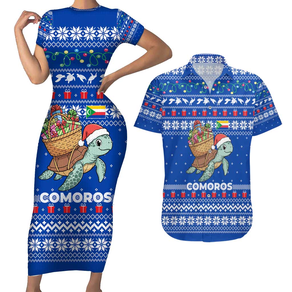Comoros Christmas Couples Matching Short Sleeve Bodycon Dress and Hawaiian Shirt with Santa Turtle Gifts Snowflakes and Ocean Blue Holiday Pattern - Wonder Print Shop