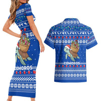 Comoros Christmas Couples Matching Short Sleeve Bodycon Dress and Hawaiian Shirt with Santa Turtle Gifts Snowflakes and Ocean Blue Holiday Pattern - Wonder Print Shop