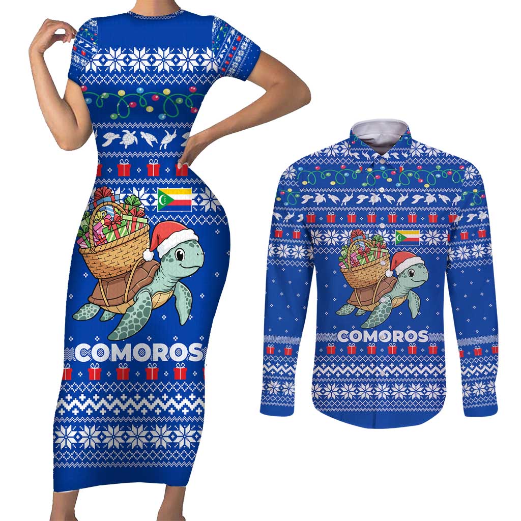Comoros Christmas Couples Matching Short Sleeve Bodycon Dress and Long Sleeve Button Shirt with Santa Turtle Gifts Snowflakes and Ocean Blue Holiday Pattern - Wonder Print Shop