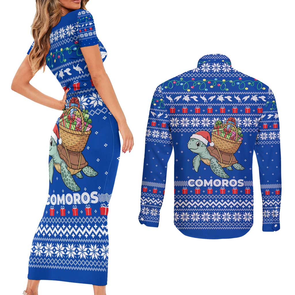 Comoros Christmas Couples Matching Short Sleeve Bodycon Dress and Long Sleeve Button Shirt with Santa Turtle Gifts Snowflakes and Ocean Blue Holiday Pattern - Wonder Print Shop