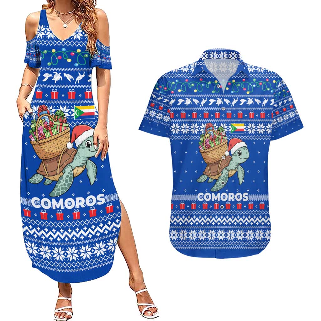 Comoros Christmas Couples Matching Summer Maxi Dress and Hawaiian Shirt with Santa Turtle Gifts Snowflakes and Ocean Blue Holiday Pattern - Wonder Print Shop