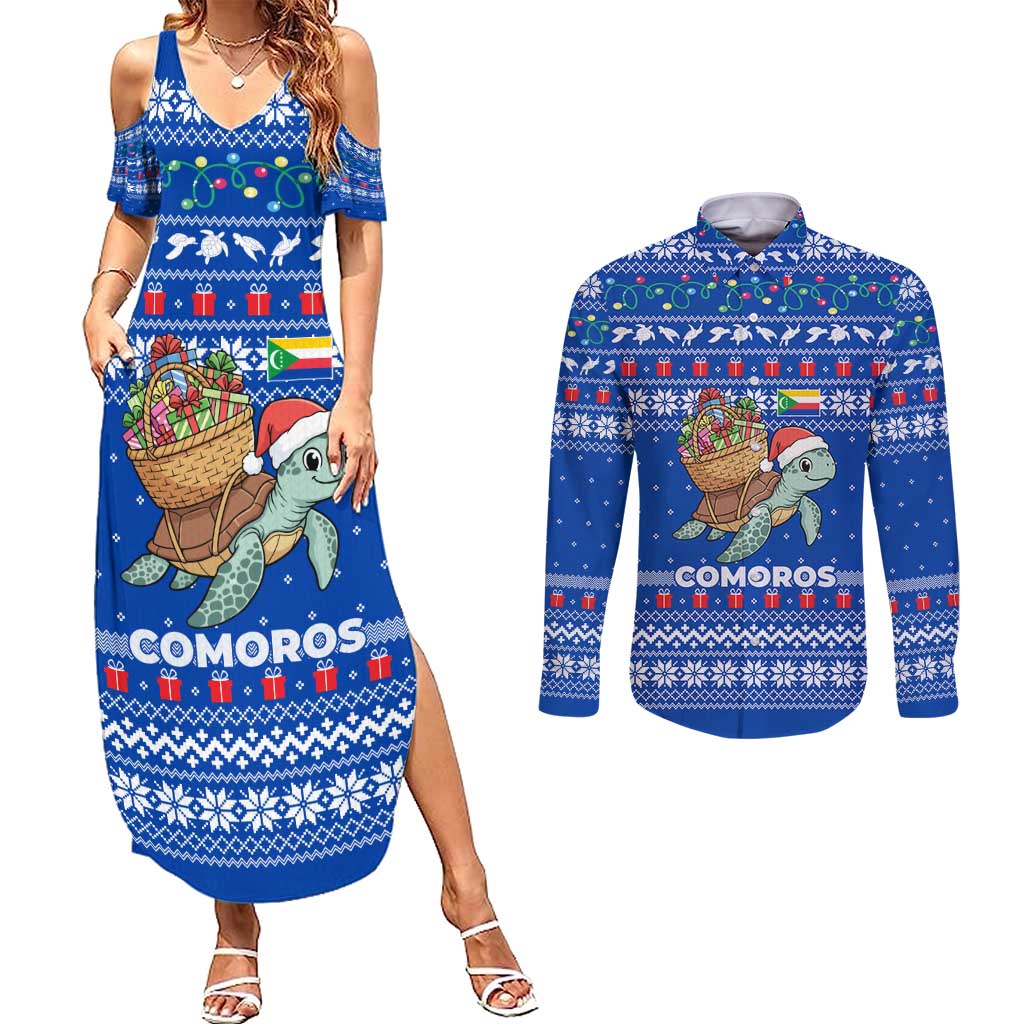 Comoros Christmas Couples Matching Summer Maxi Dress and Long Sleeve Button Shirt with Santa Turtle Gifts Snowflakes and Ocean Blue Holiday Pattern - Wonder Print Shop