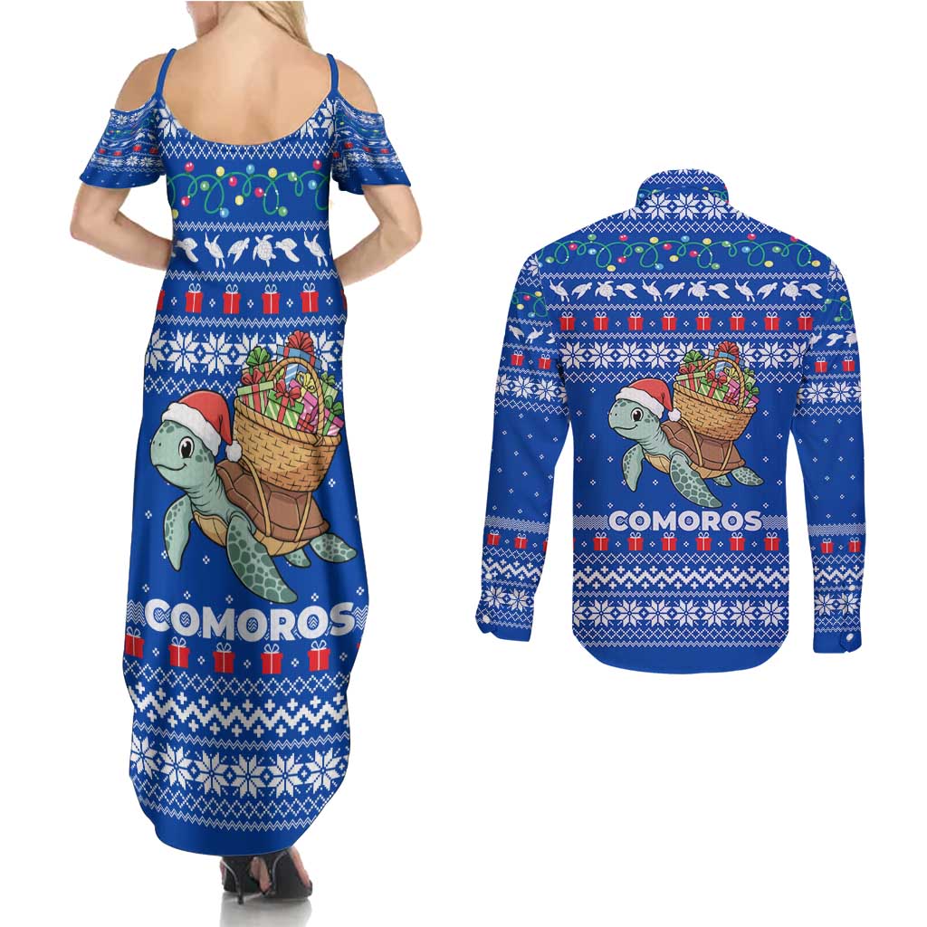 Comoros Christmas Couples Matching Summer Maxi Dress and Long Sleeve Button Shirt with Santa Turtle Gifts Snowflakes and Ocean Blue Holiday Pattern - Wonder Print Shop