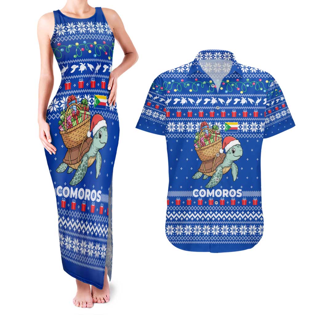 Comoros Christmas Couples Matching Tank Maxi Dress and Hawaiian Shirt with Santa Turtle Gifts Snowflakes and Ocean Blue Holiday Pattern - Wonder Print Shop