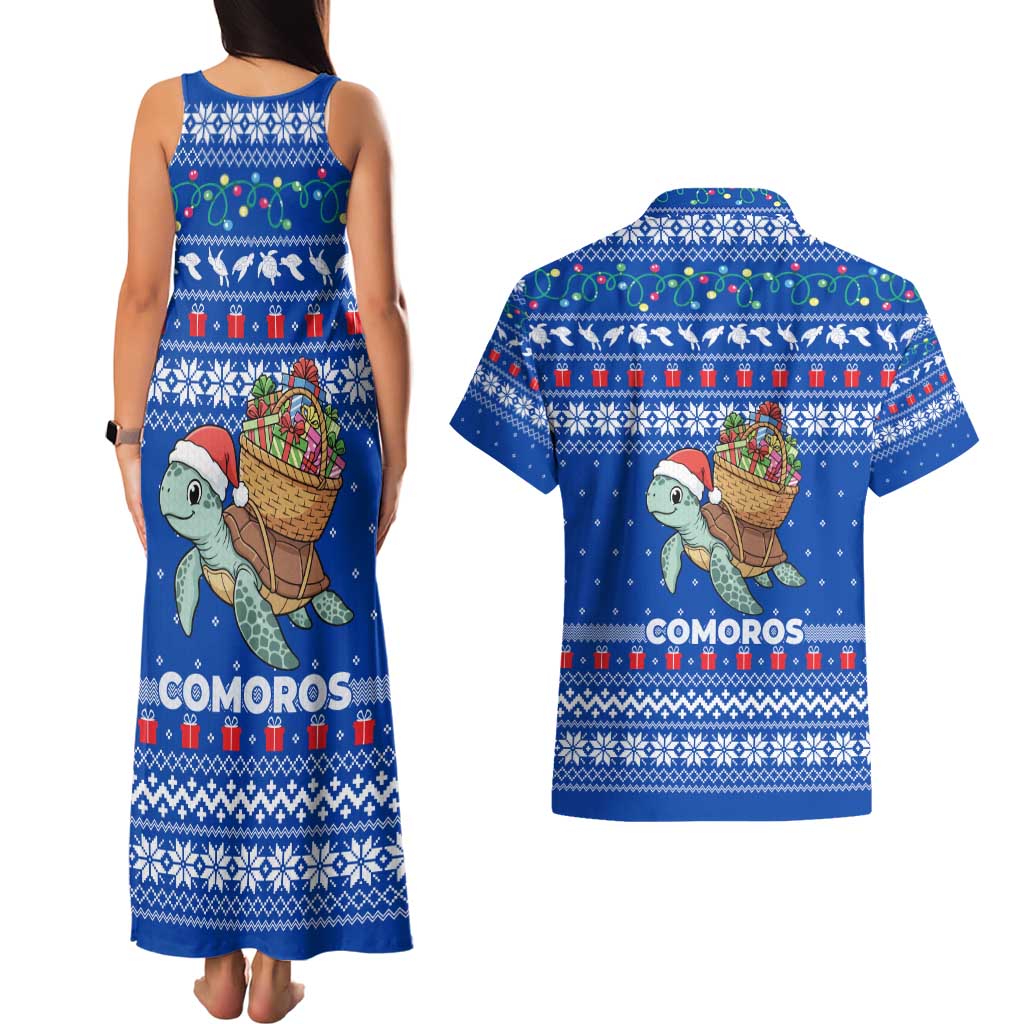 Comoros Christmas Couples Matching Tank Maxi Dress and Hawaiian Shirt with Santa Turtle Gifts Snowflakes and Ocean Blue Holiday Pattern - Wonder Print Shop