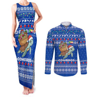 Comoros Christmas Couples Matching Tank Maxi Dress and Long Sleeve Button Shirt with Santa Turtle Gifts Snowflakes and Ocean Blue Holiday Pattern - Wonder Print Shop
