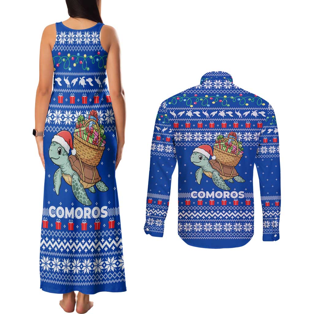 Comoros Christmas Couples Matching Tank Maxi Dress and Long Sleeve Button Shirt with Santa Turtle Gifts Snowflakes and Ocean Blue Holiday Pattern - Wonder Print Shop