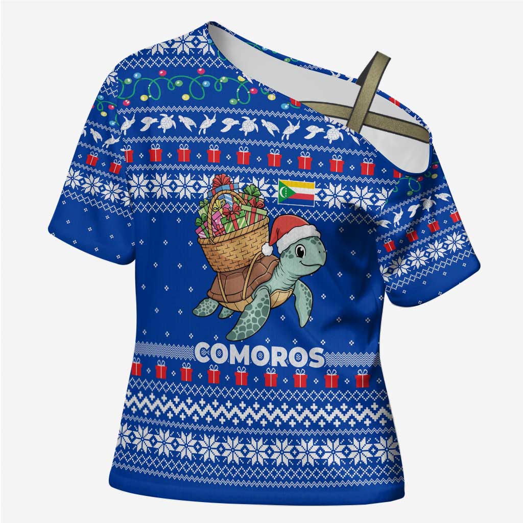 Comoros Christmas Cross Shoulder Shirt with Santa Turtle Gifts Snowflakes and Ocean Blue Holiday Pattern - Wonder Print Shop