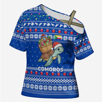 Comoros Christmas Cross Shoulder Shirt with Santa Turtle Gifts Snowflakes and Ocean Blue Holiday Pattern - Wonder Print Shop