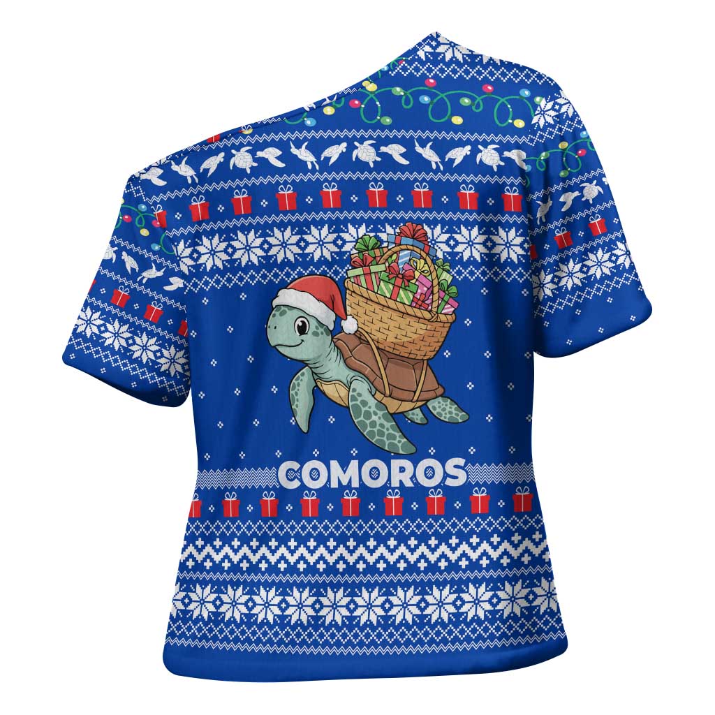 Comoros Christmas Cross Shoulder Shirt with Santa Turtle Gifts Snowflakes and Ocean Blue Holiday Pattern - Wonder Print Shop