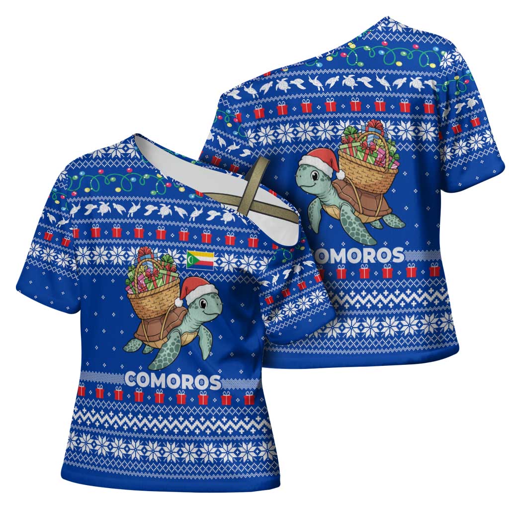 Comoros Christmas Cross Shoulder Shirt with Santa Turtle Gifts Snowflakes and Ocean Blue Holiday Pattern - Wonder Print Shop