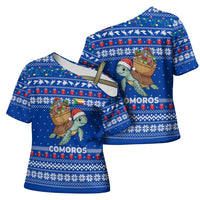 Comoros Christmas Cross Shoulder Shirt with Santa Turtle Gifts Snowflakes and Ocean Blue Holiday Pattern - Wonder Print Shop