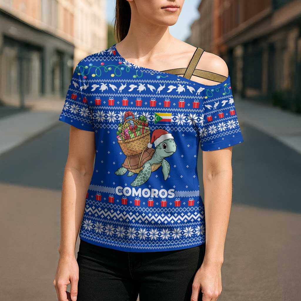 Comoros Christmas Cross Shoulder Shirt with Santa Turtle Gifts Snowflakes and Ocean Blue Holiday Pattern - Wonder Print Shop