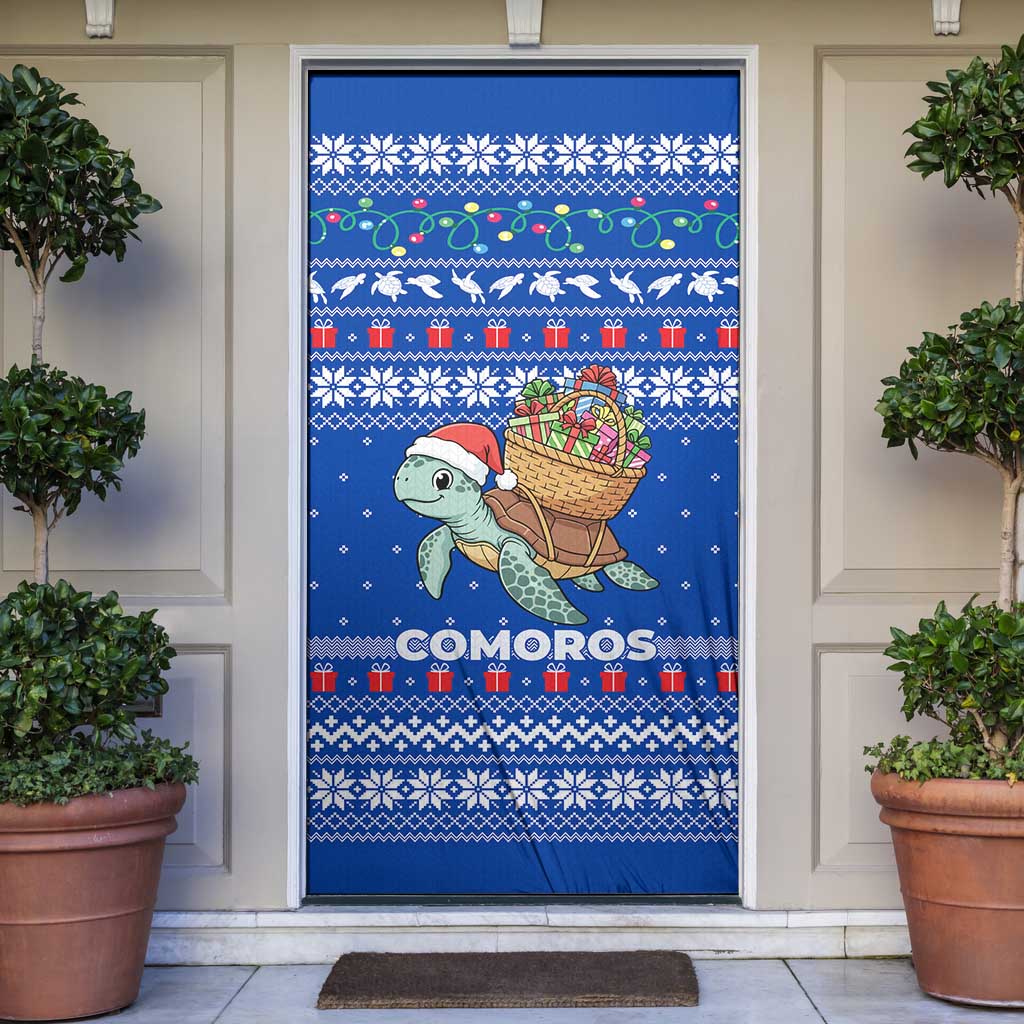 Comoros Christmas Door Cover with Santa Turtle Gifts Snowflakes and Ocean Blue Holiday Pattern - Wonder Print Shop