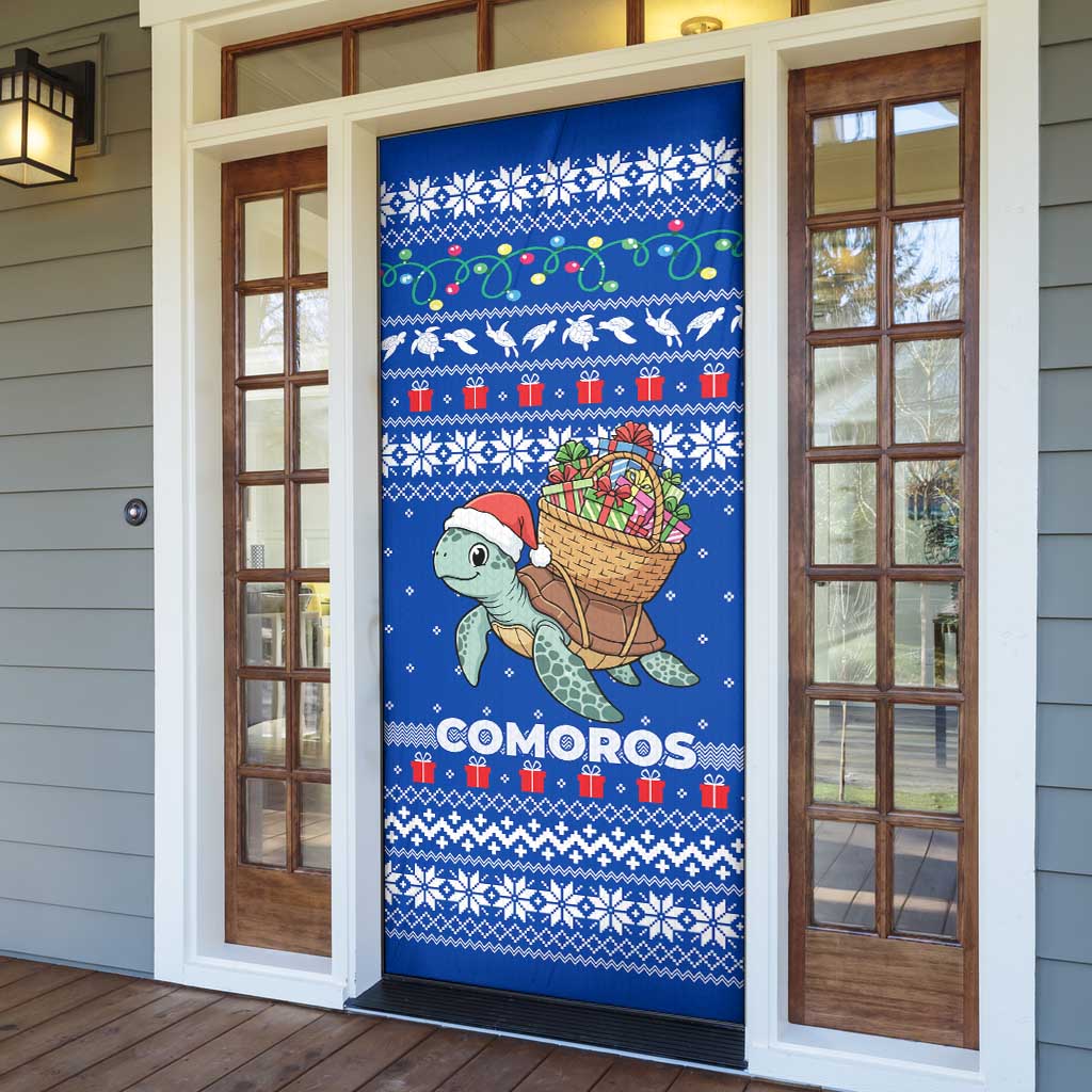 Comoros Christmas Door Cover with Santa Turtle Gifts Snowflakes and Ocean Blue Holiday Pattern - Wonder Print Shop
