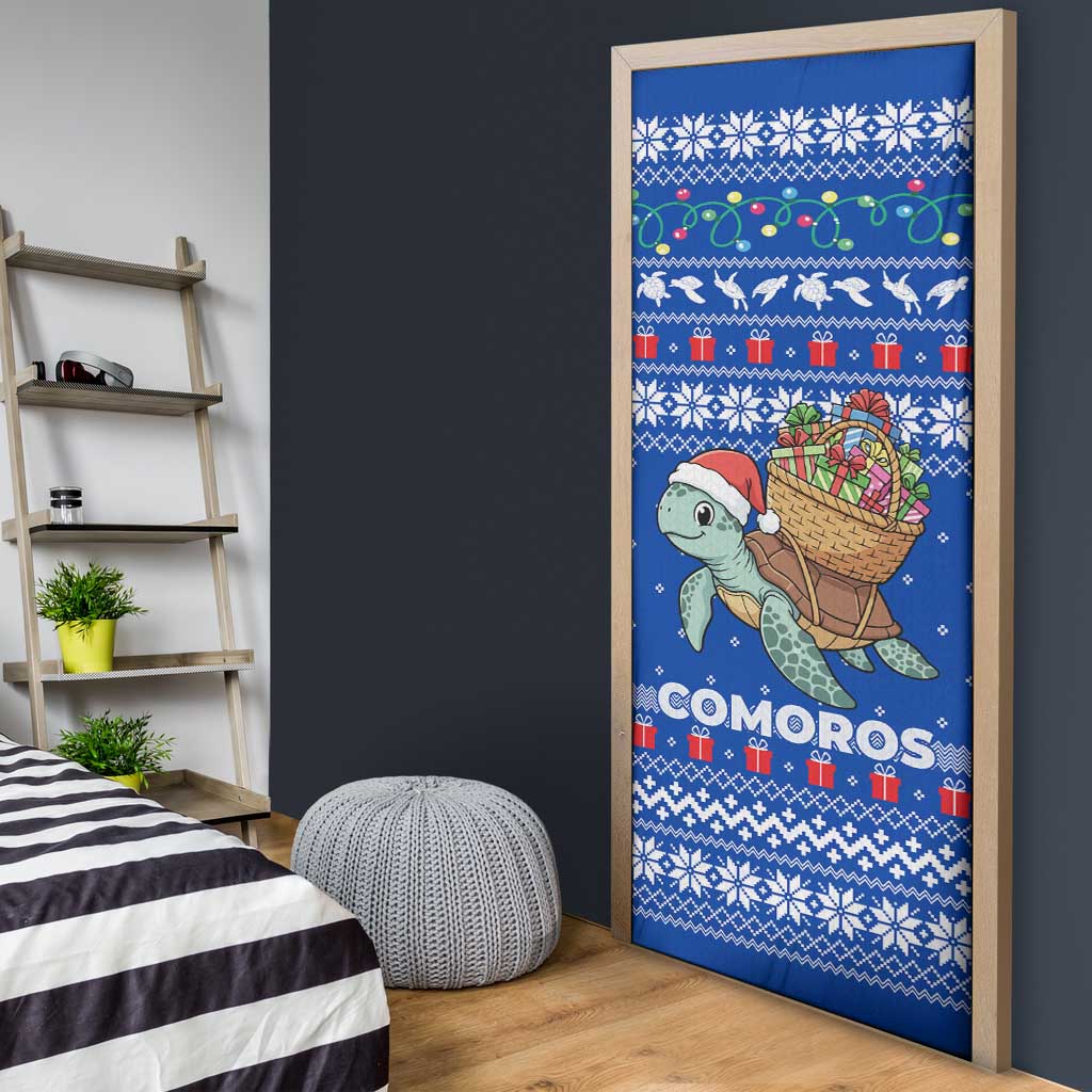 Comoros Christmas Door Cover with Santa Turtle Gifts Snowflakes and Ocean Blue Holiday Pattern - Wonder Print Shop