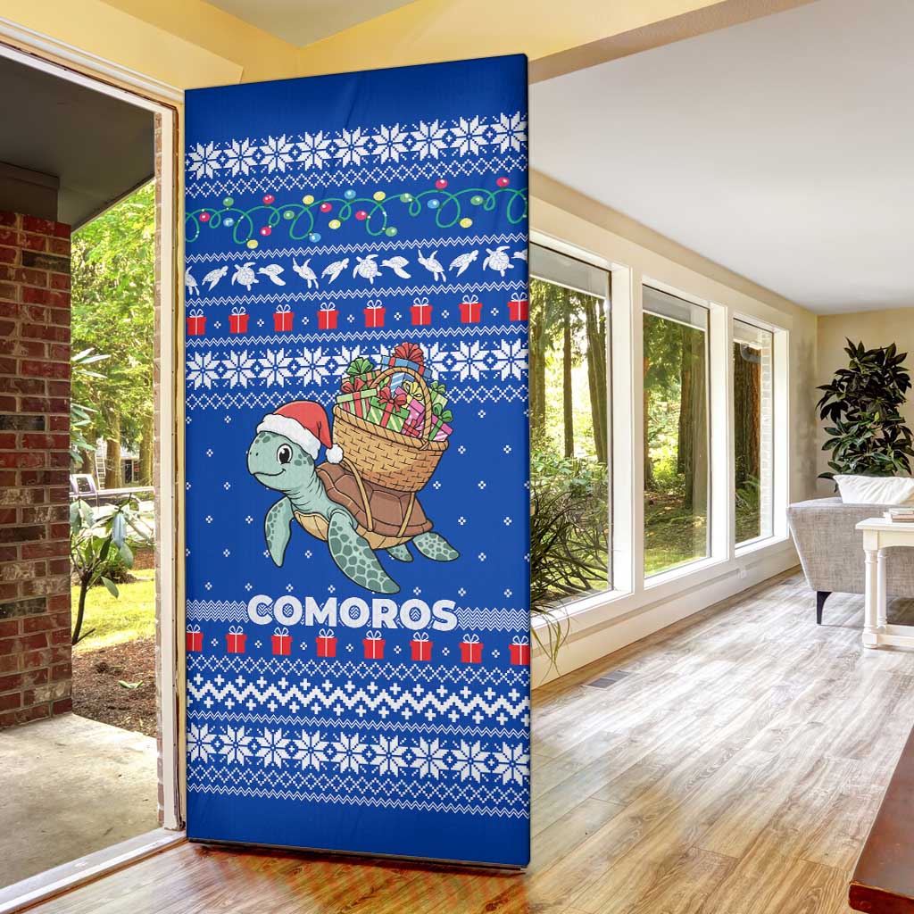 Comoros Christmas Door Cover with Santa Turtle Gifts Snowflakes and Ocean Blue Holiday Pattern - Wonder Print Shop