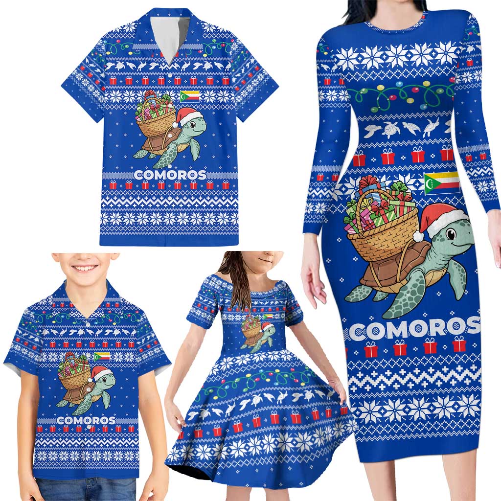 Comoros Christmas Family Matching Long Sleeve Bodycon Dress and Hawaiian Shirt with Santa Turtle Gifts Snowflakes and Ocean Blue Holiday Pattern - Wonder Print Shop