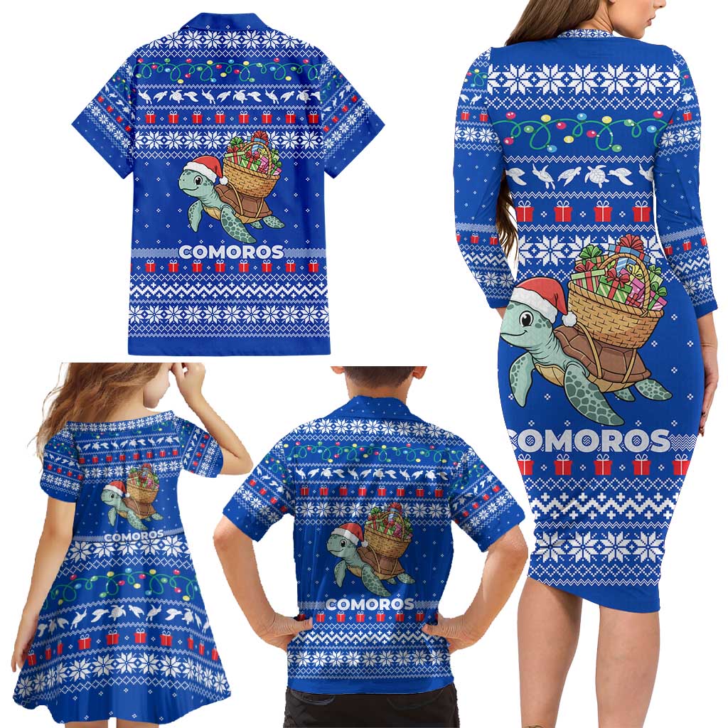 Comoros Christmas Family Matching Long Sleeve Bodycon Dress and Hawaiian Shirt with Santa Turtle Gifts Snowflakes and Ocean Blue Holiday Pattern - Wonder Print Shop