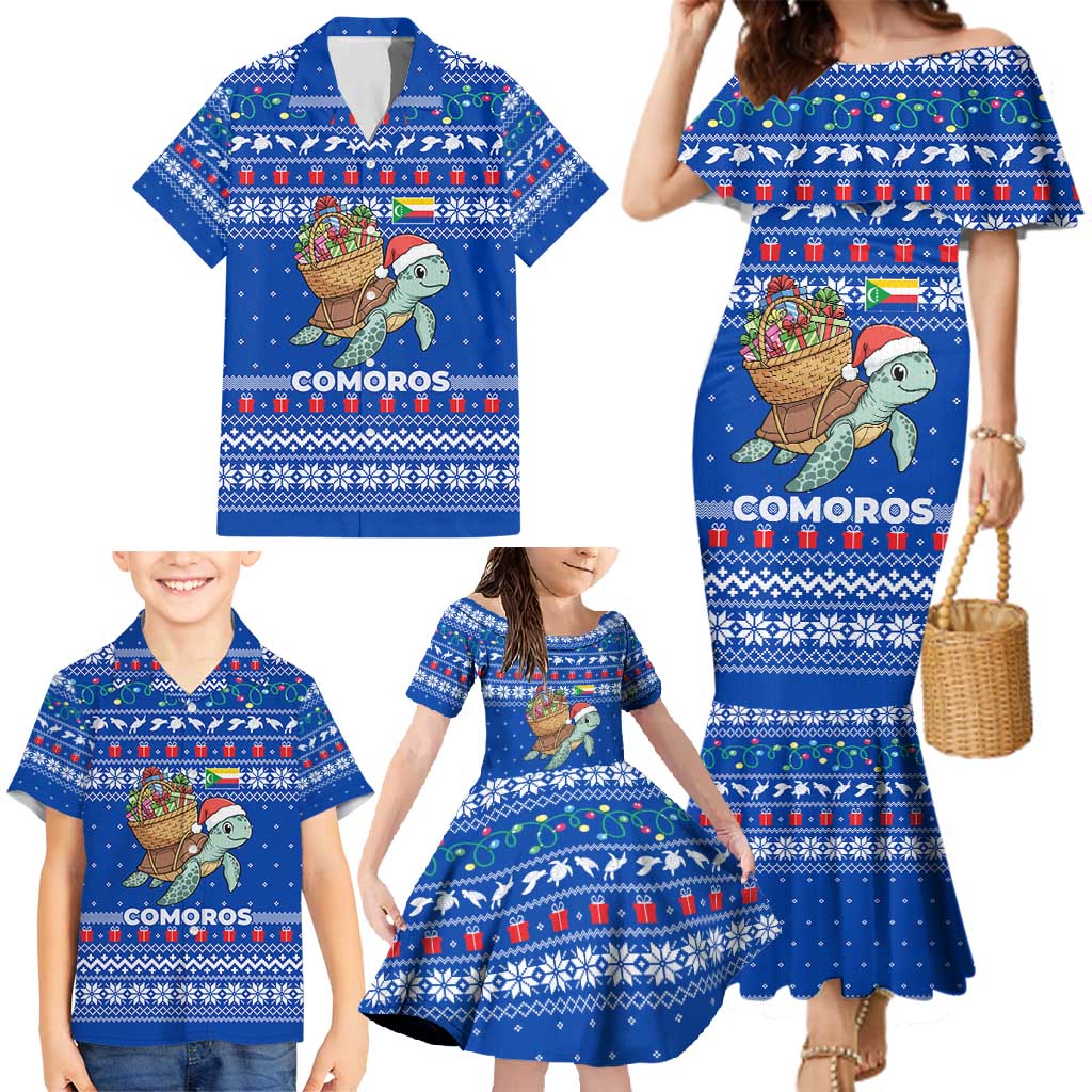 Comoros Christmas Family Matching Mermaid Dress and Hawaiian Shirt with Santa Turtle Gifts Snowflakes and Ocean Blue Holiday Pattern - Wonder Print Shop