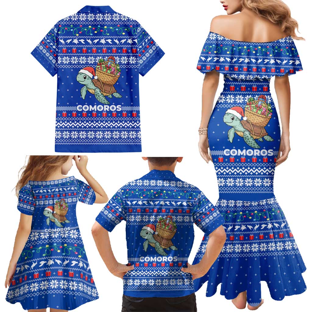 Comoros Christmas Family Matching Mermaid Dress and Hawaiian Shirt with Santa Turtle Gifts Snowflakes and Ocean Blue Holiday Pattern - Wonder Print Shop