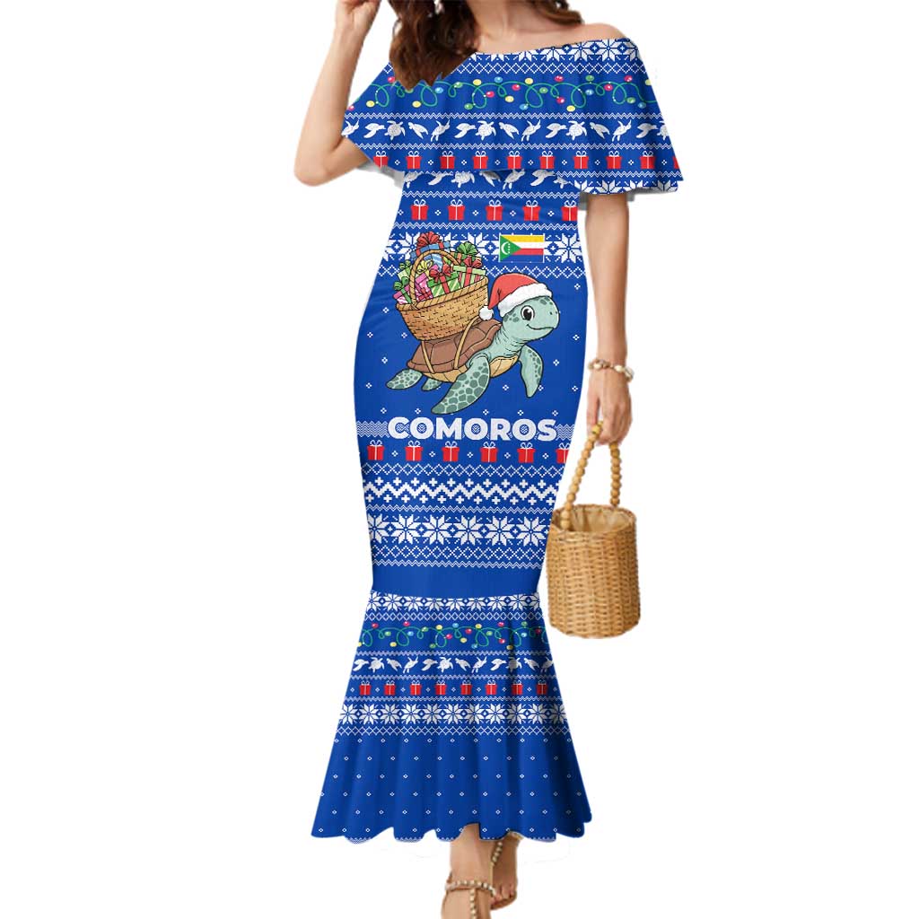 Comoros Christmas Family Matching Mermaid Dress and Hawaiian Shirt with Santa Turtle Gifts Snowflakes and Ocean Blue Holiday Pattern - Wonder Print Shop