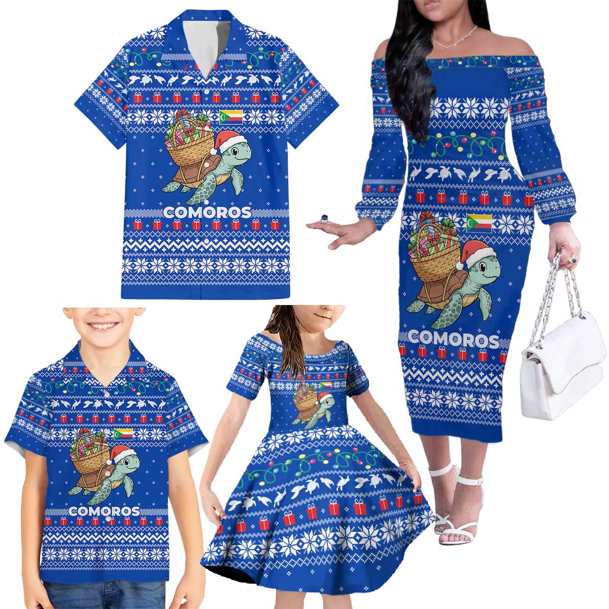 Comoros Christmas Family Matching Off The Shoulder Long Sleeve Dress and Hawaiian Shirt with Santa Turtle Gifts Snowflakes and Ocean Blue Holiday Pattern - Wonder Print Shop