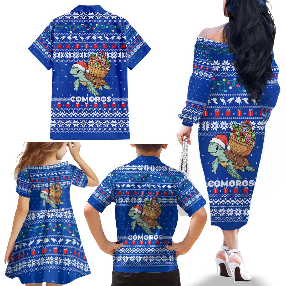 Comoros Christmas Family Matching Off The Shoulder Long Sleeve Dress and Hawaiian Shirt with Santa Turtle Gifts Snowflakes and Ocean Blue Holiday Pattern - Wonder Print Shop