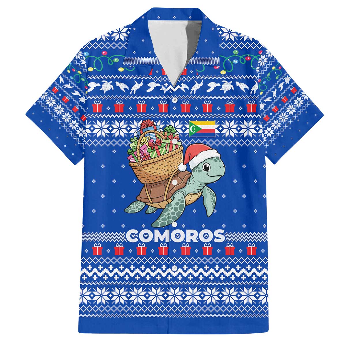 Comoros Christmas Family Matching Off The Shoulder Long Sleeve Dress and Hawaiian Shirt with Santa Turtle Gifts Snowflakes and Ocean Blue Holiday Pattern - Wonder Print Shop