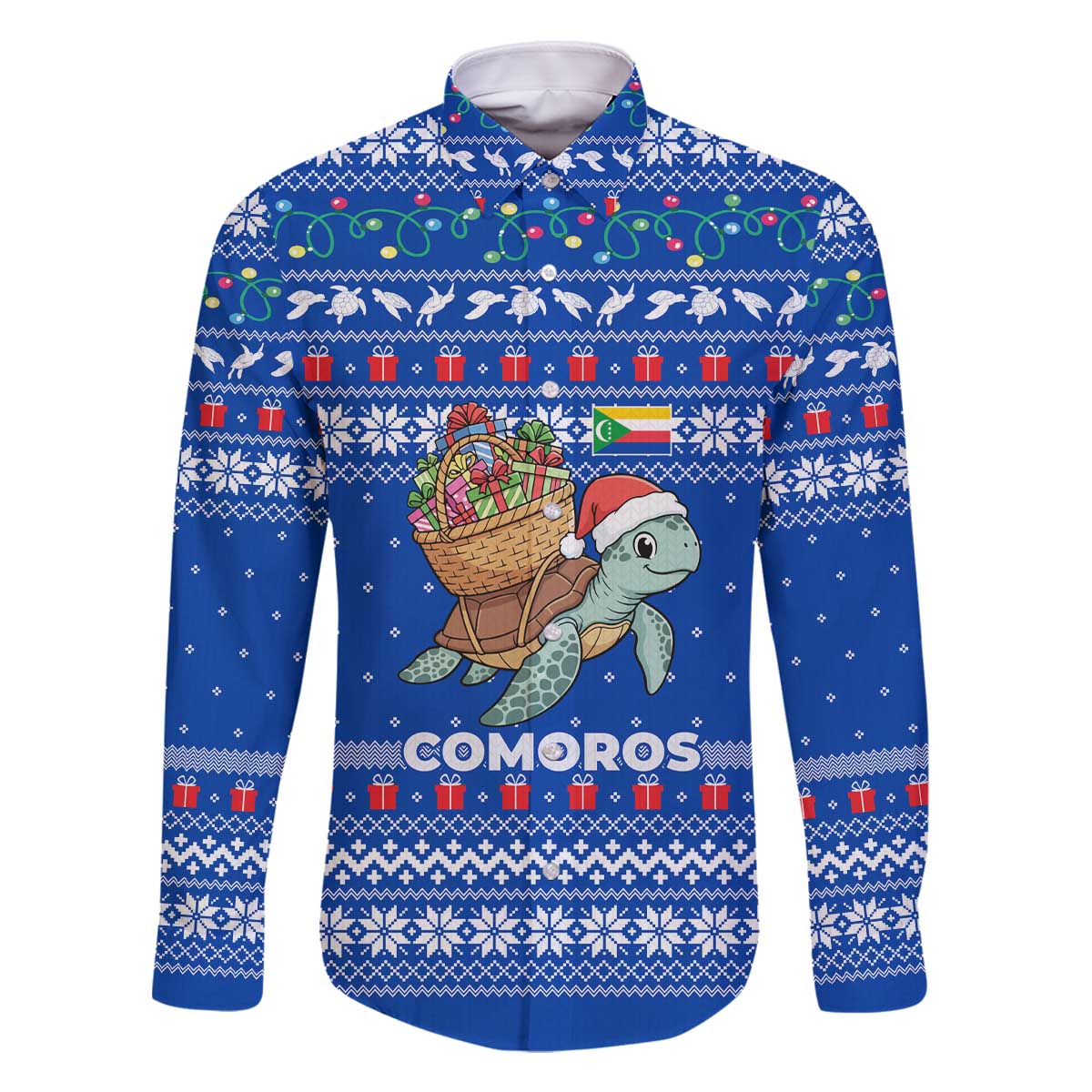 Comoros Christmas Family Matching Off The Shoulder Long Sleeve Dress and Hawaiian Shirt with Santa Turtle Gifts Snowflakes and Ocean Blue Holiday Pattern - Wonder Print Shop