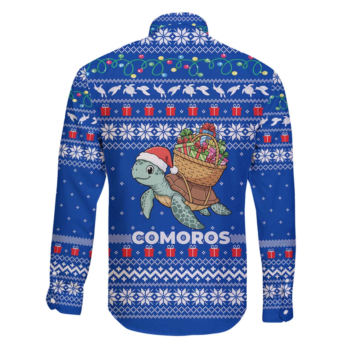 Comoros Christmas Family Matching Off The Shoulder Long Sleeve Dress and Hawaiian Shirt with Santa Turtle Gifts Snowflakes and Ocean Blue Holiday Pattern - Wonder Print Shop