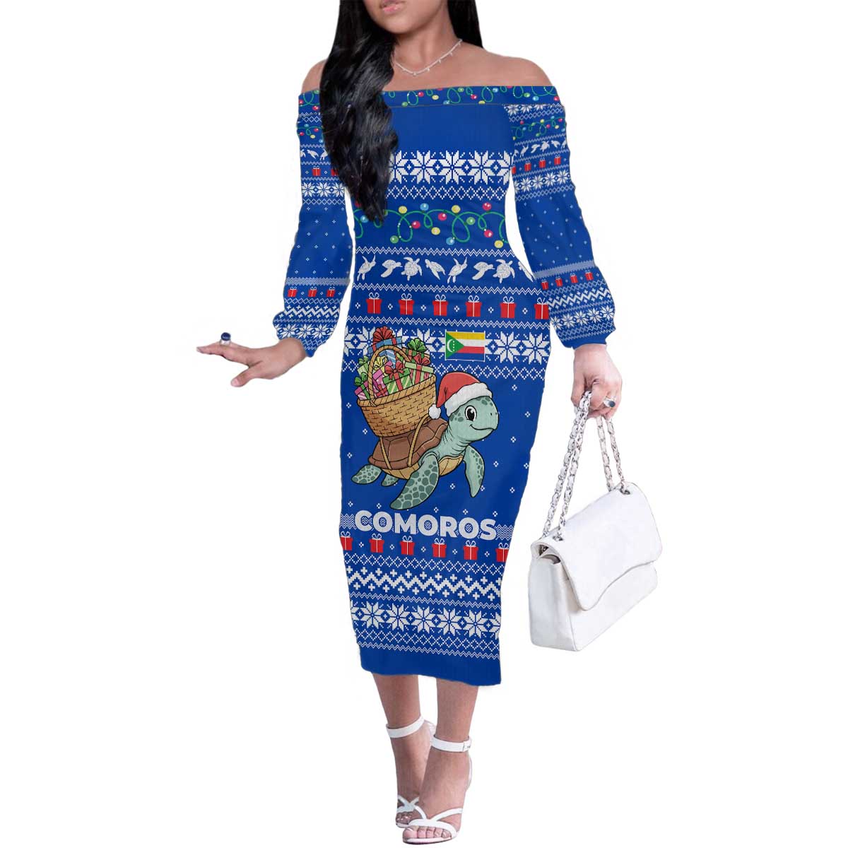 Comoros Christmas Family Matching Off The Shoulder Long Sleeve Dress and Hawaiian Shirt with Santa Turtle Gifts Snowflakes and Ocean Blue Holiday Pattern - Wonder Print Shop
