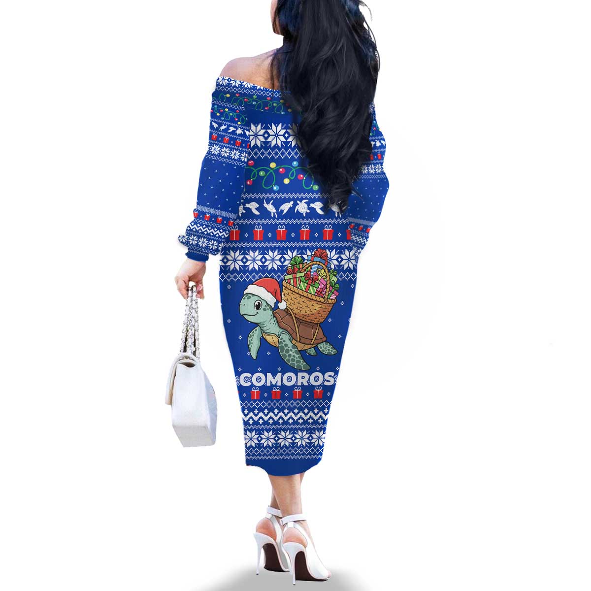 Comoros Christmas Family Matching Off The Shoulder Long Sleeve Dress and Hawaiian Shirt with Santa Turtle Gifts Snowflakes and Ocean Blue Holiday Pattern - Wonder Print Shop