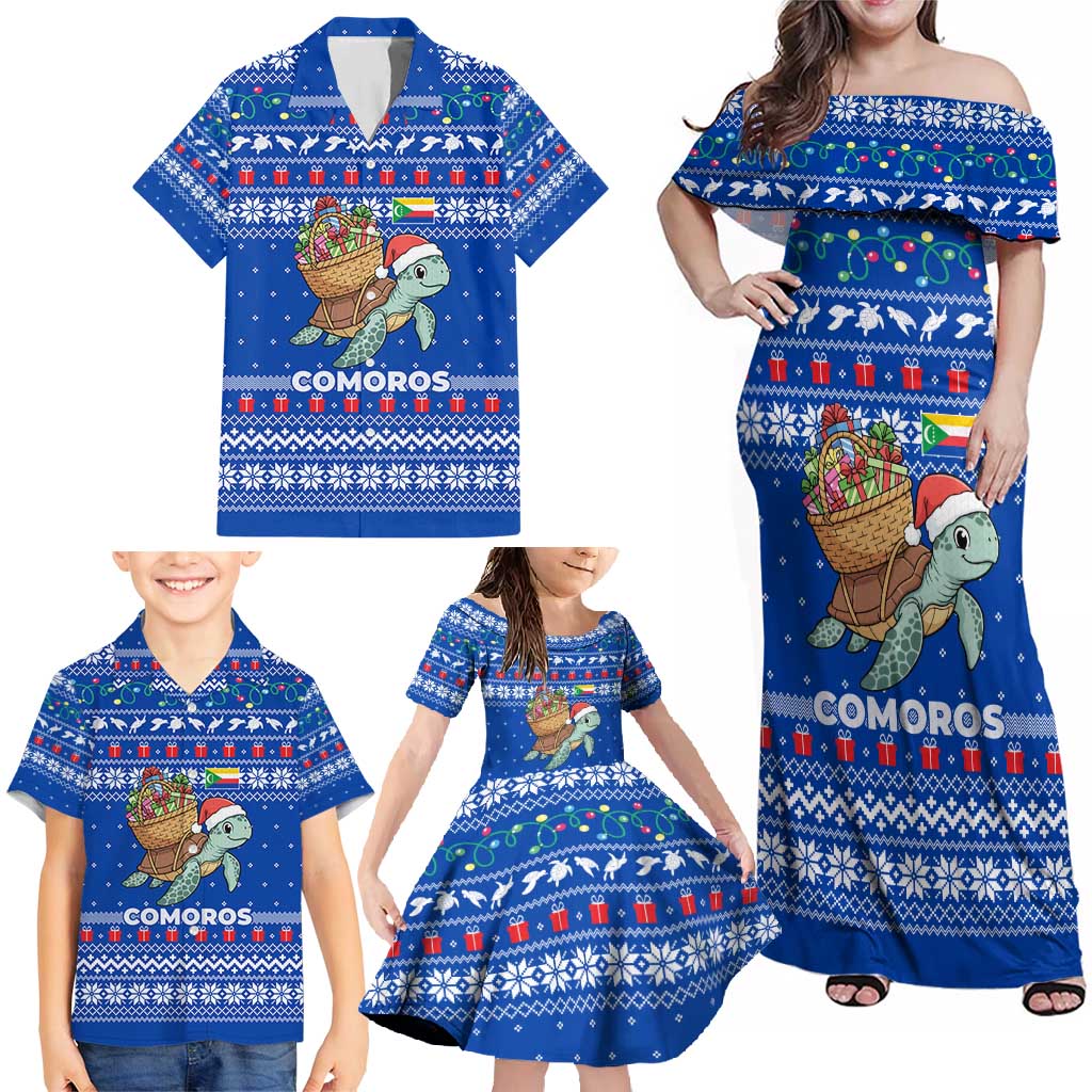 Comoros Christmas Family Matching Off Shoulder Maxi Dress and Hawaiian Shirt with Santa Turtle Gifts Snowflakes and Ocean Blue Holiday Pattern - Wonder Print Shop