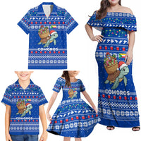 Comoros Christmas Family Matching Off Shoulder Maxi Dress and Hawaiian Shirt with Santa Turtle Gifts Snowflakes and Ocean Blue Holiday Pattern - Wonder Print Shop