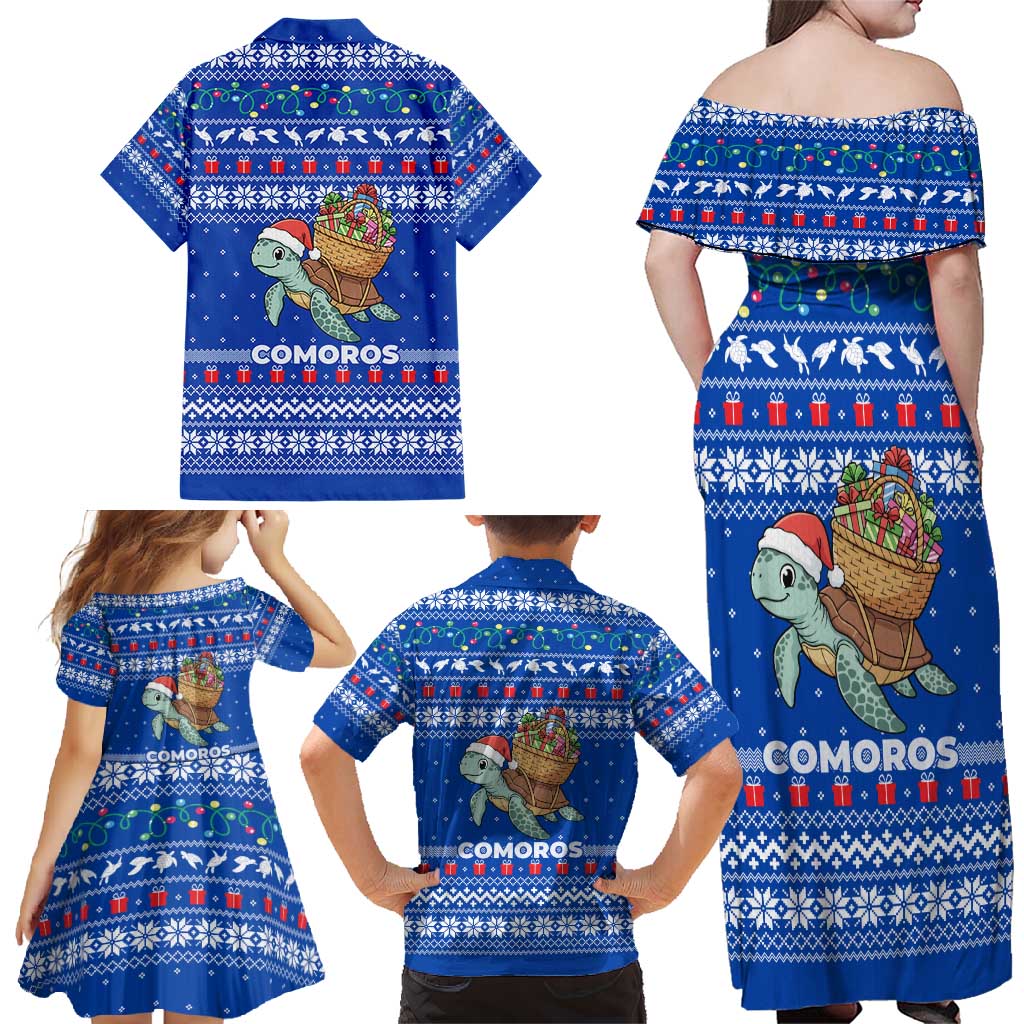 Comoros Christmas Family Matching Off Shoulder Maxi Dress and Hawaiian Shirt with Santa Turtle Gifts Snowflakes and Ocean Blue Holiday Pattern - Wonder Print Shop