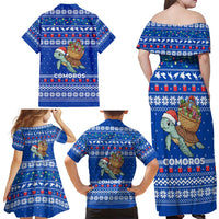 Comoros Christmas Family Matching Off Shoulder Maxi Dress and Hawaiian Shirt with Santa Turtle Gifts Snowflakes and Ocean Blue Holiday Pattern - Wonder Print Shop