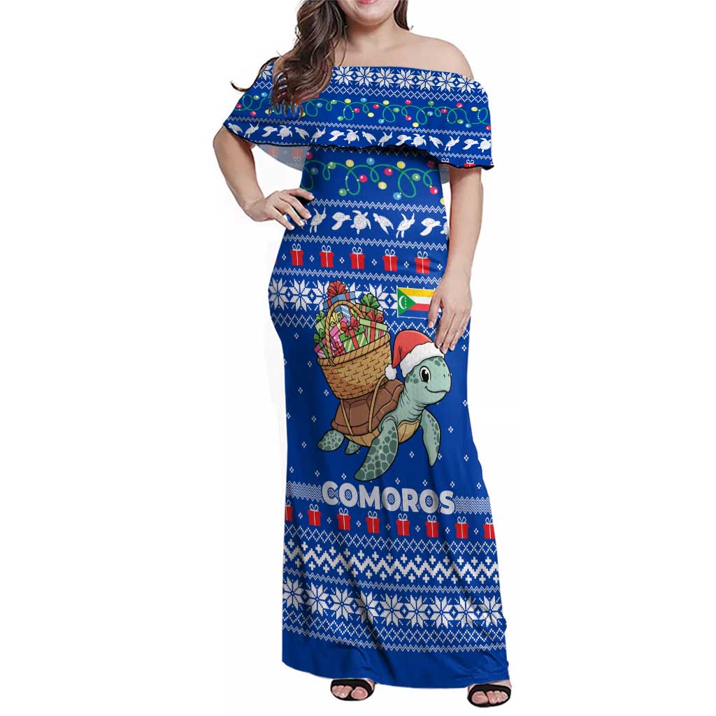 Comoros Christmas Family Matching Off Shoulder Maxi Dress and Hawaiian Shirt with Santa Turtle Gifts Snowflakes and Ocean Blue Holiday Pattern - Wonder Print Shop