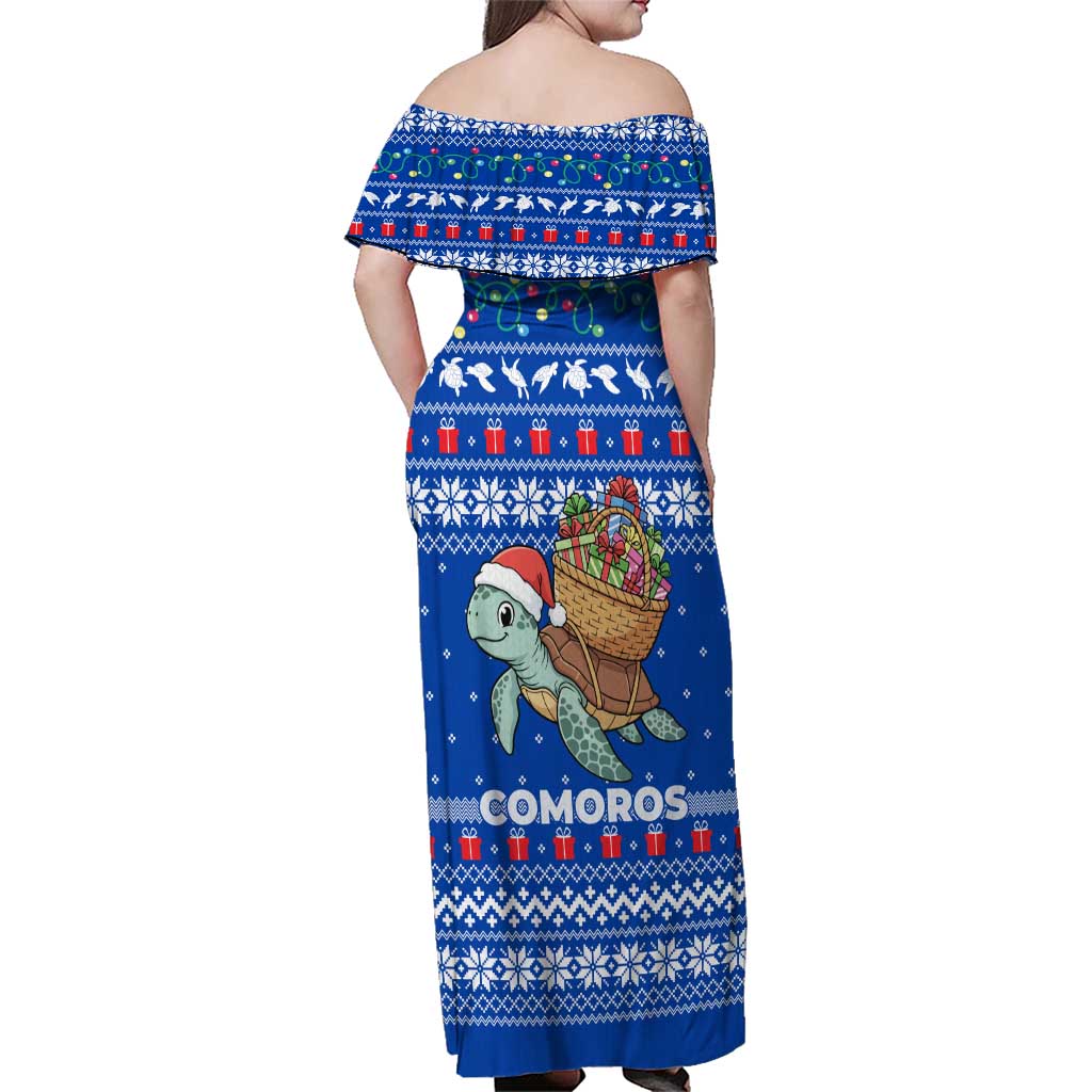 Comoros Christmas Family Matching Off Shoulder Maxi Dress and Hawaiian Shirt with Santa Turtle Gifts Snowflakes and Ocean Blue Holiday Pattern - Wonder Print Shop