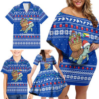 Comoros Christmas Family Matching Off Shoulder Short Dress and Hawaiian Shirt with Santa Turtle Gifts Snowflakes and Ocean Blue Holiday Pattern - Wonder Print Shop