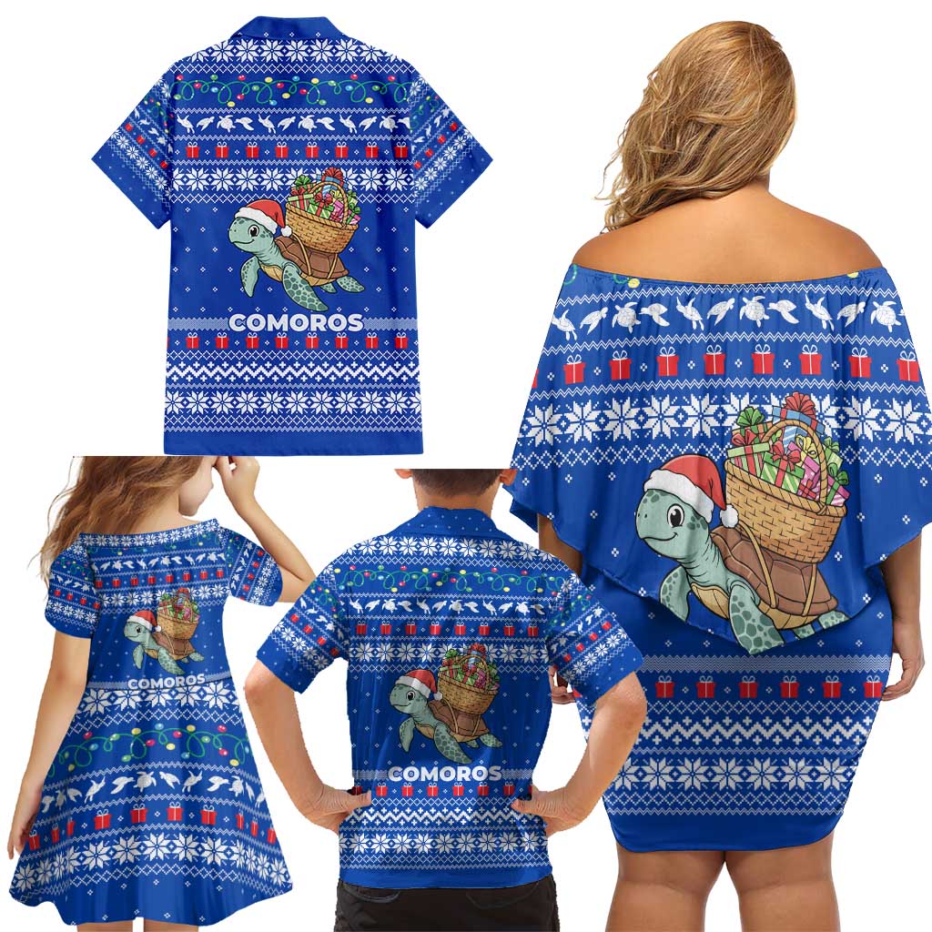 Comoros Christmas Family Matching Off Shoulder Short Dress and Hawaiian Shirt with Santa Turtle Gifts Snowflakes and Ocean Blue Holiday Pattern - Wonder Print Shop