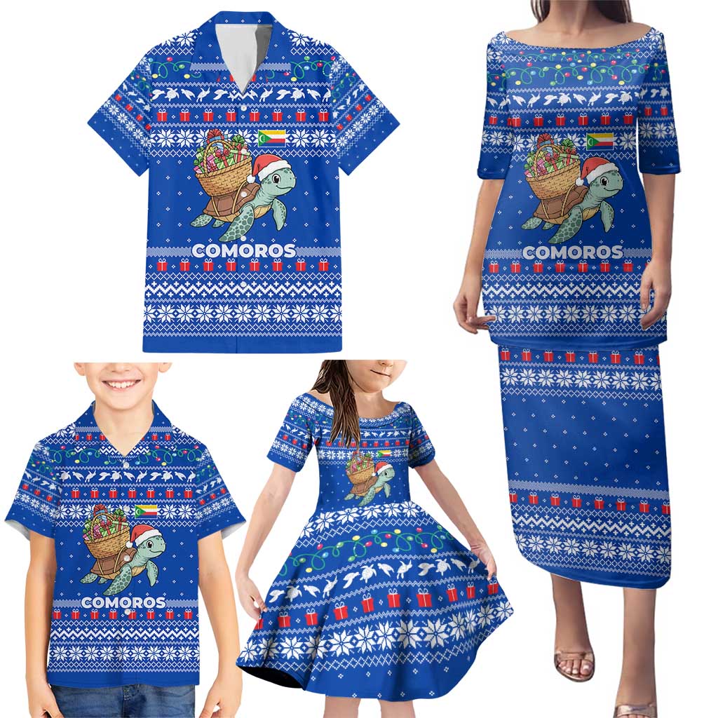 Comoros Christmas Family Matching Puletasi and Hawaiian Shirt with Santa Turtle Gifts Snowflakes and Ocean Blue Holiday Pattern - Wonder Print Shop