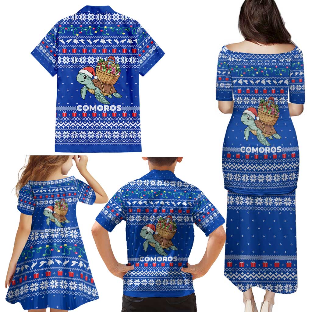 Comoros Christmas Family Matching Puletasi and Hawaiian Shirt with Santa Turtle Gifts Snowflakes and Ocean Blue Holiday Pattern - Wonder Print Shop