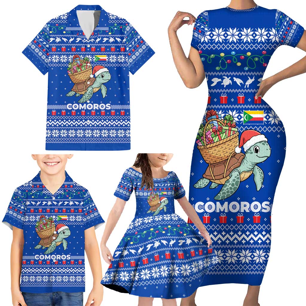 Comoros Christmas Family Matching Short Sleeve Bodycon Dress and Hawaiian Shirt with Santa Turtle Gifts Snowflakes and Ocean Blue Holiday Pattern - Wonder Print Shop